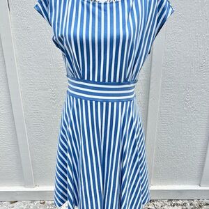 Kate Spade NY Basket Stripe Ponte  Fiorella fit-and-flare dress blue white Sz L
